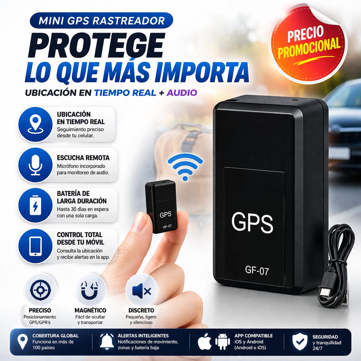 Mini GPS Magnético Con Micrófono Oculto™ – Ubicación en Tiempo Real 24/7
